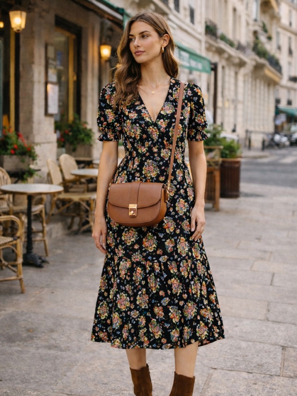 BODEN Black Floral Midi Dress | Romantic Puff Sleeve V-Neck Ruffle Waist | US 8P